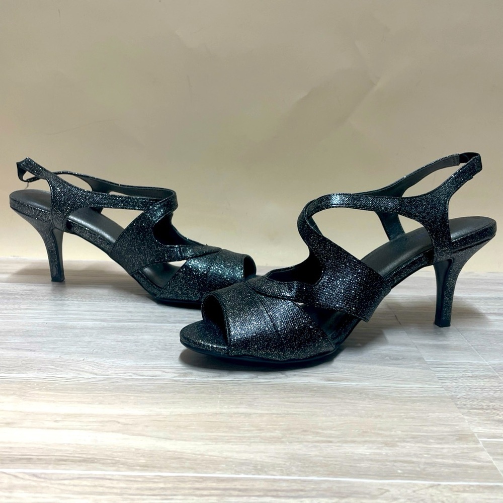 Life Stride Size 9M Velocity Memory Foam Open Toe Black High Heels Sparkle